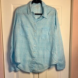 Lilly Pulitzer Aqua and White Gingham 100% Linen Shirt size L